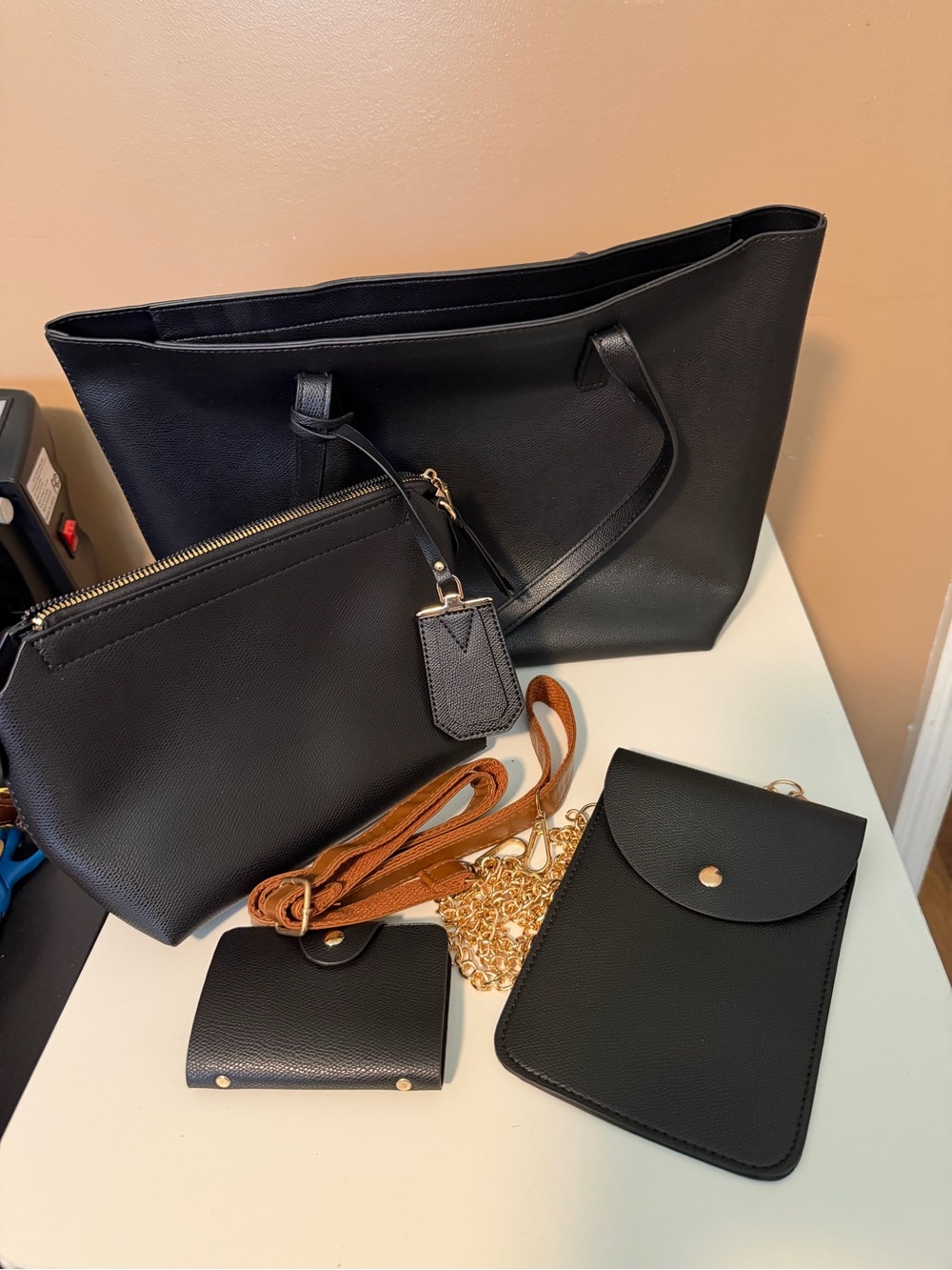 Classic Black Tote Bag Set with Accessories - Black